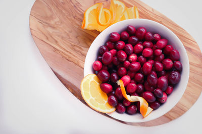 High angle view of strawberries in bowl