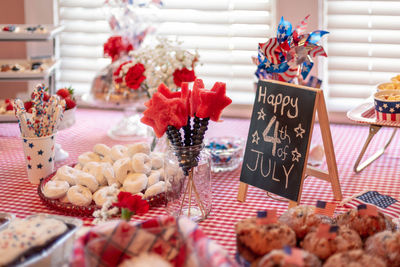 Variety of desserts with text on table