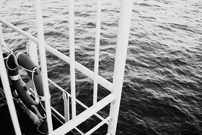 Close-up of metal railing by sea