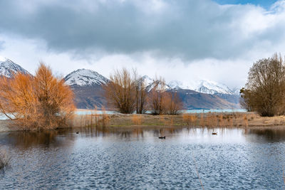 Scenic view of lake against sky. morning view of lake pukaki east bank.