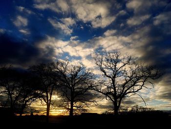 Silhouette bare trees on landscape against sky at sunset