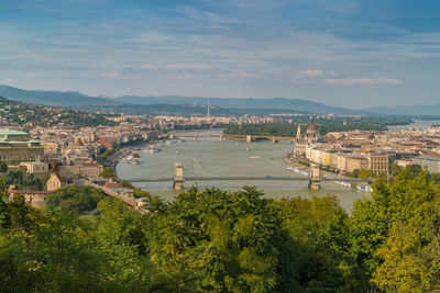 View of chain bridge, castle, parliament palace and margaret bridge