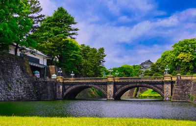 Arch bridge over river amidst trees and buildings against sky