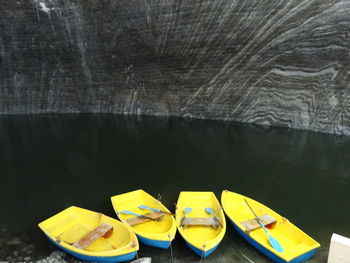 High angle view of boats moored in water