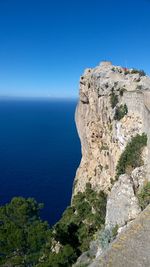 Rock formations by sea against clear blue sky