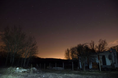 Bare trees on field against sky at night