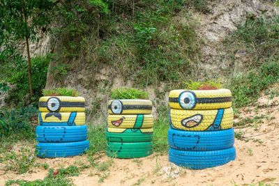 Recycled art with minions on old tires in mui ne, vietnam