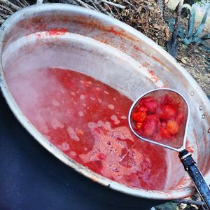 High angle view of drink in glass container