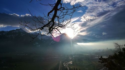 Bare trees on landscape against sky