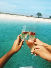 Cropped hands of people toasting drink in glasses over sea