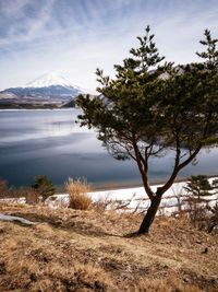 Scenic view of lake against cloudy sky