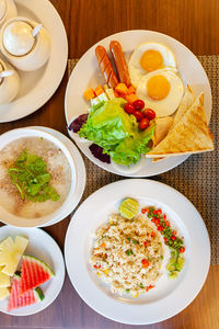 High angle view of breakfast served on table