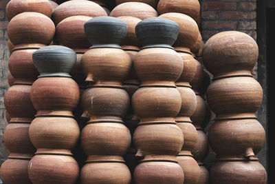 Close-up of stack of pots 
