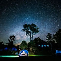 Campsite against illuminated trees at night