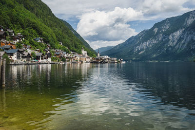 Scenic view of lake by mountains against sky