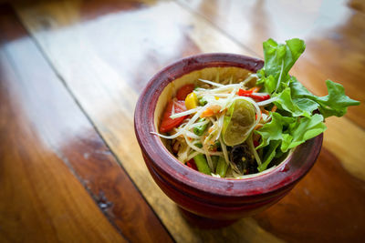 High angle view of vegetables in bowl on table