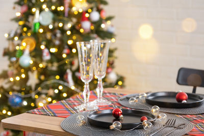 Close-up of christmas decorations on table