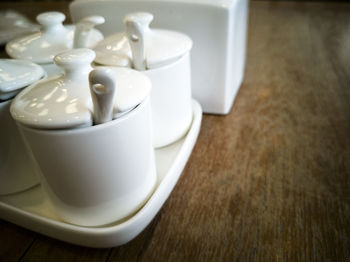 High angle view of coffee cup on table