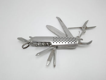 High angle view of equipment against white background