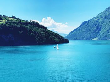 Scenic view of sea against blue sky