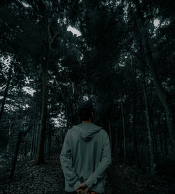 Rear view of man standing by trees in forest