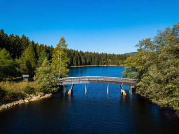 Scenic view of lake against clear blue sky