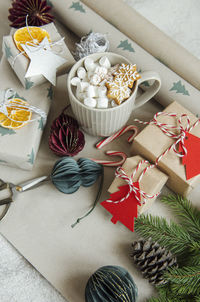 Cozy winter and christmas setting with hot cocoa and homemade cookies