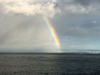 Scenic view of rainbow over sea against sky