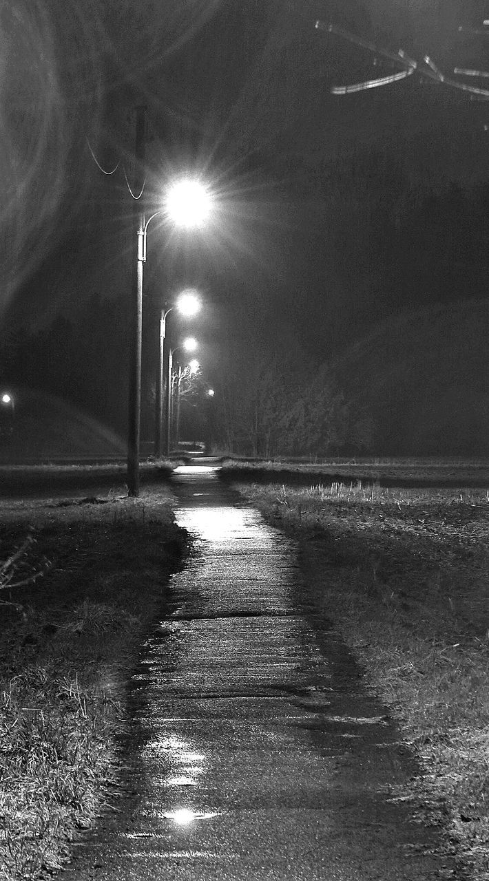 illuminated, night, the way forward, lighting equipment, street light, road, outdoors, no people, electricity, winter, cold temperature, snow, nature, grass