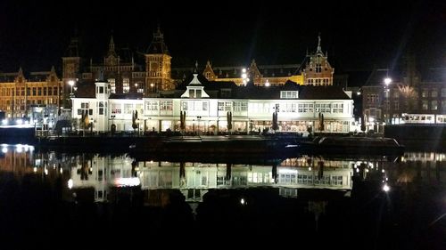 Reflection of illuminated buildings in city at night