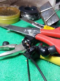 High angle view of various objects on table