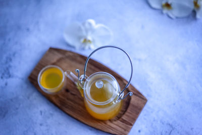 High angle view of drink on table