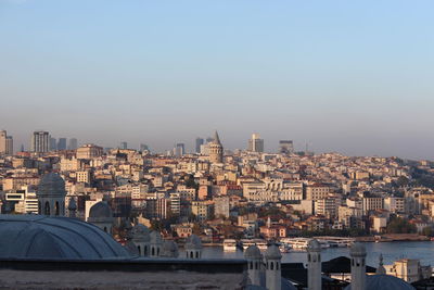 Aerial view of buildings in city against clear sky in istanbul and galata