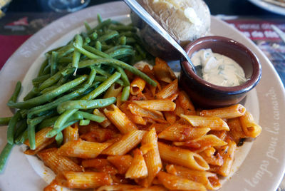 High angle view of pasta in plate on table