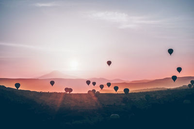 Hot air balloons flying over landscape against sky during sunset