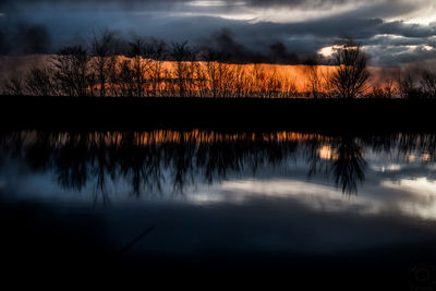 Scenic view of lake against dramatic sky