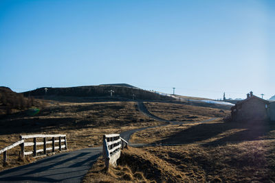 View of landscape against clear blue sky