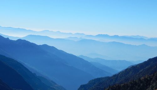 Scenic view of mountains against clear blue sky during foggy weather