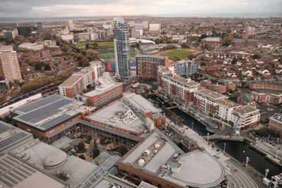 Portsmouth, united kingdom - aerial view of gunwharf keys designer outlet and the city centre