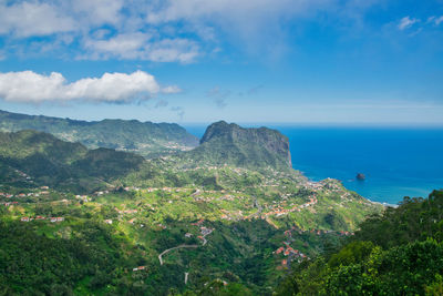 Scenic view of sea and mountains against sky