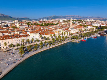 High angle view of city at waterfront