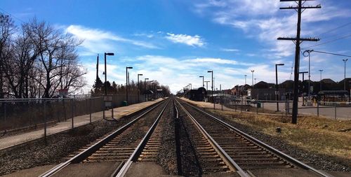 Railroad tracks on railroad station platform