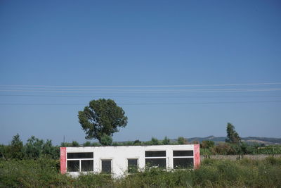 House and trees against clear blue sky