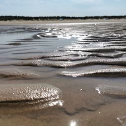 Surface level of wet sand at beach against sky
