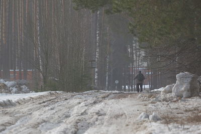 Rear view of person on snow covered land