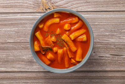 High angle view of soup in bowl on table