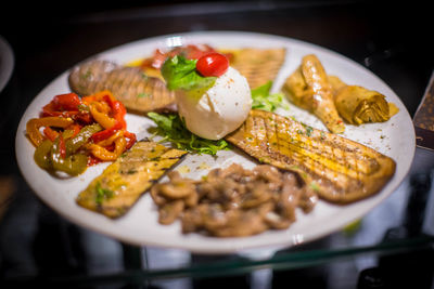 High angle view of food served in plate