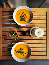 High angle view of soup served on table