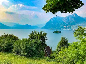 Scenic view of lake and mountains against sky