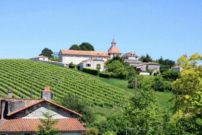 Houses on field by buildings against clear sky